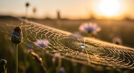 Close-Up of Dew-Covered Spiderweb at Sunrise