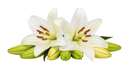 Fototapeta premium Two White Lilies With Buds Black Background
