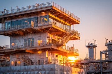 Industrial facility under sunset sky showcasing modern architecture with glass walls, railings, and metal structures emphasizing engineering innovation and technology.