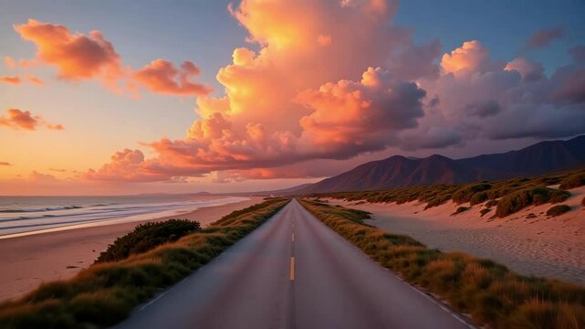 Coastal road at sunset glows with orange and pink hues, calming lofi vibes, and dramatic clouds create a serene looping backdrop.