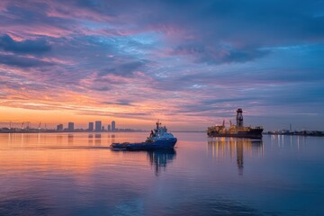 Obraz premium Stunning Evening Reflection Over Calm Water with Tugboat and Drilling Rig Under Vibrant Sunset Sky, Capturing Tranquility and Industry Harmony