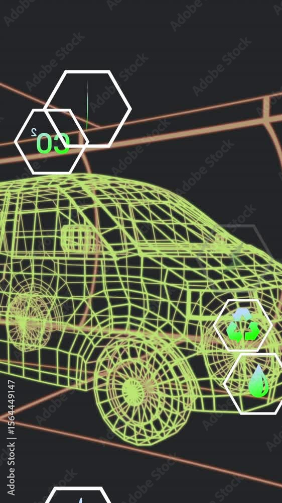 Poster animation of multiple digital icons over 3d van model moving in seamless pattern in a tunnel