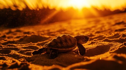 Baby Sea Turtle's Journey: Golden Sunset Beach Escape, Hopeful, Serene, Wildlife.