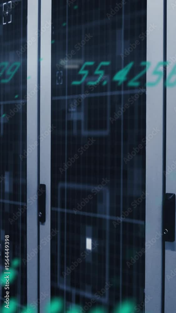 Poster animation of data processing and light spots against computer server room