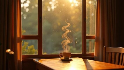 Experience the calming ambiance of a soft lo-fi animation featuring a cozy window view, gentle rainfall, warm lighting, and steaming coffee, all in stunning 4k. - Powered by Adobe