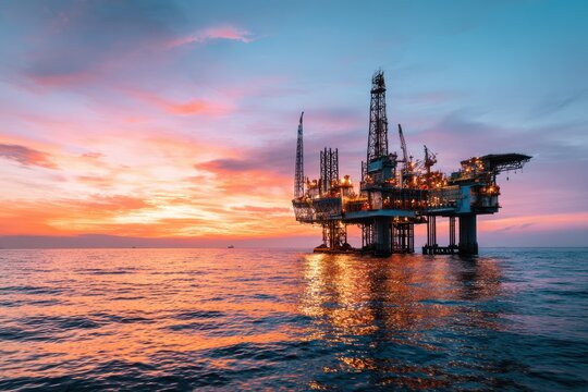 Stunning sunset over an offshore oil rig with vibrant sky and tranquil sea, showcasing energy production and maritime industry in a beautiful landscape