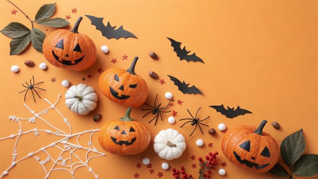 Halloween flat lay with jack olantern pumpkins bats spiders and autumn leaves on orange background