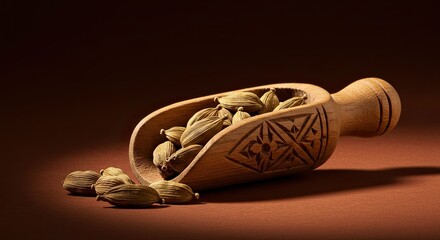 Moroccan carved wooden scoop with dried cardamom isolated on terracotta background
