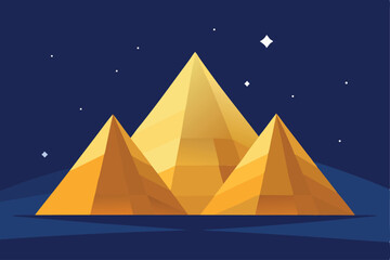 Stylized golden pyramids against a dark night sky, featuring stars and a flat landscape.