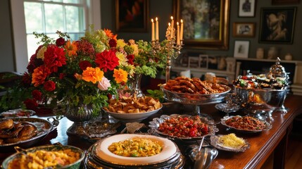 Formal buffet table filled with food and flowers