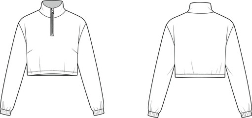 Cropped quarter zip sweatshirt front and back view, fashion technical flat sketch, modern sporty design, CAD drawing, vector illustration © Titan