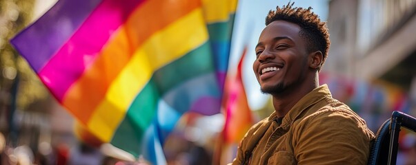 Disabled African American queer man in a wheelchair celebrating Pride festival in summer with rainbow flags. Copy space for Pride inclusion and diversity banner, Generative AI
