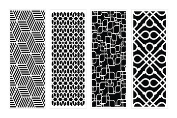 Set Of Four Black And White Decorative Panels With Geometric And Floral Patterns