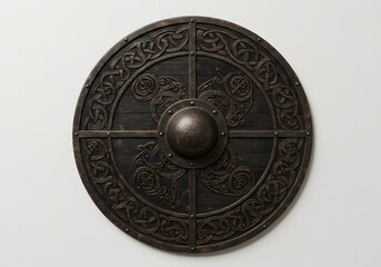 Naklejka premium Ancient Viking Shield: Intricate Carvings and Dark Wood Design