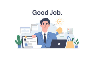 A Smiling Professional with Good Job Graphic, Featuring Laptop and Office Clutter