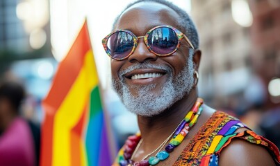Mature Black African American gay man celebrating the Pride festival with rainbow flags, candid LGBTQ+ summer parade, Generative AI