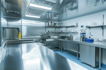 Modern commercial kitchen with stainless steel surfaces and advanced cooking equipment for food preparation