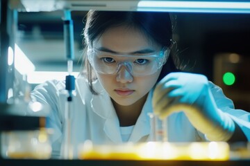 Young female scientist conducting an experiment in a laboratory setting during evening hours
