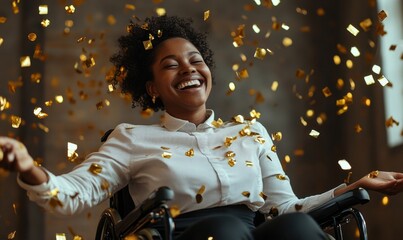 Young, happy promoted disabled Black African American office worker in a wheelchair celebrating with gold confetti. Workplace promotion celebration. Inclusion and diversity concept, Generative AI