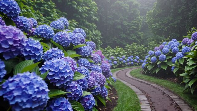 A serene garden path lined with vibrant hydrangeas, captured at eye level. The misty atmosphere adds a dreamy, cinematic video quality. Live desktop wallpaper.