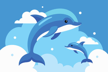 Obraz premium Playful dolphins leap joyfully amidst fluffy clouds in a vibrant blue sky.