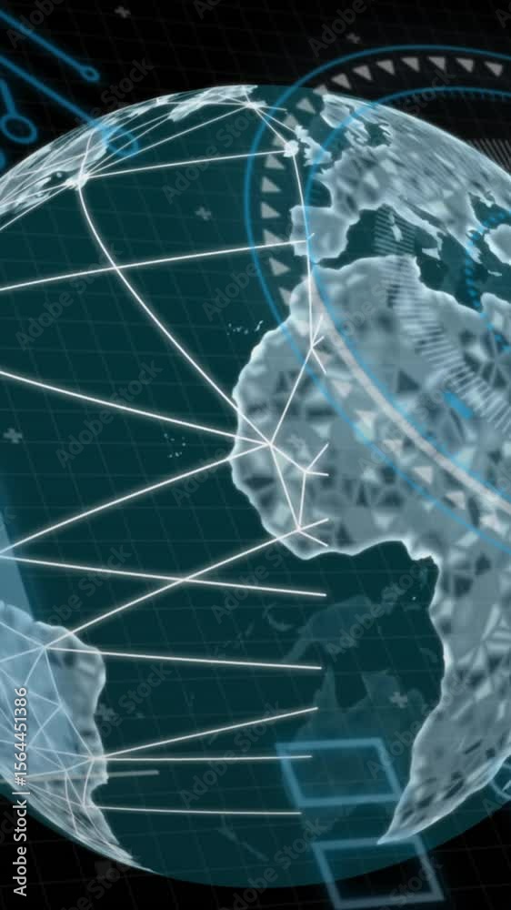 Poster animation of loading circles, graphs, globe and circuit board pattern over black background