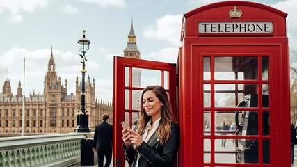 Woman engrossed in phone communication in a bright red telephone booth in front of a historic building perfect for travel or lifestyle photography