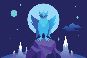 Fototapeta premium A majestic, icy blue griffin stands proudly atop a rocky peak under a luminous moon, surrounded by a starry night sky and distant mountains.