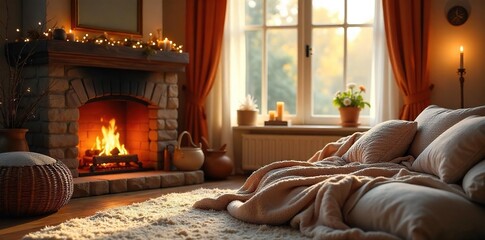 Cozy Fireplace and Plush Textures A Warm and Inviting Interior Scene Perfect for Relaxation and Creating a Sense of Home