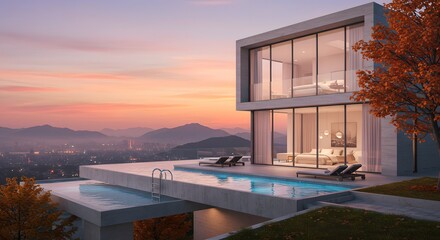 Modern Luxury House with Infinity Pool on Hillside Overlooking City at Sunset – Contemporary Minimalist Design with Floor-to-Ceiling Glass, Panoramic View, and Serene Autumn Landscape