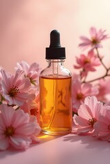 Floral Essential Oil Bottle with Cherry Blossom Flowers – Natural Aromatherapy Scene
