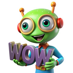 Obraz premium 3d cartoon alien holding wow sign on transparent background