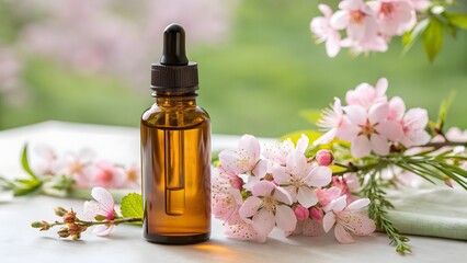 Floral Essential Oil Bottle with Cherry Blossom Flowers – Natural Aromatherapy Scene
