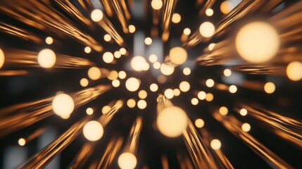 Abstract Golden Light Beams and Bokeh Spheres on Dark Backdrop