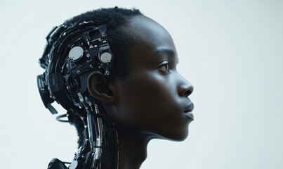Side profile of an African American AI robot cyborg. Humanized robotic artificial intelligence concept showcasing innovation in robotics, Generative AI