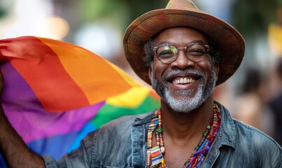 Happy Black senior gay man celebrating Pride festival parade with a rainbow flag on a sunny summer day. Candid gay pride celebrations with inclusive and diverse homosexual mature people, Generative AI