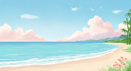 Serene beach scene under a pastel sky.