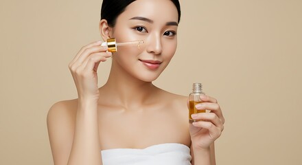 Fototapeta premium Beautiful Asian Woman Applying Facial Serum for Healthy Skincare Routine