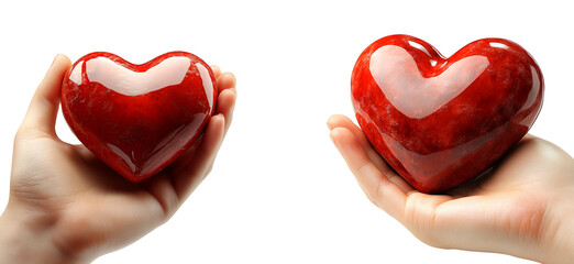 Obraz premium Set of hand holding glossy red heart isolated on white transparent background. Symbol of love and Valentine's Day treats