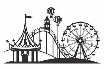 Black and White Amusement Park Illustration Rollercoaster Ferris Wheel Carousel Hot Air Balloons