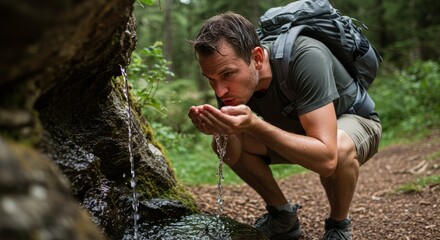 A man drinking water directly from a natural spring during a break on the trail