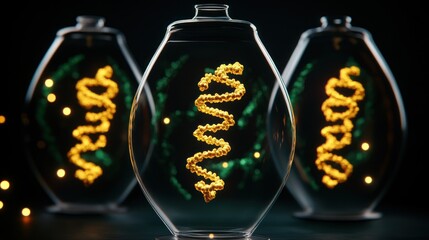 Golden DNA Helix in Glass Vases: Science, Biology, and Genetic Research.