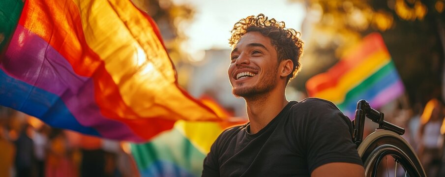 Inclusive pride image of a disabled gay man in a wheelchair celebrating the LGBTQ+ festival in summer with rainbow flags. Pride inclusion and diversity banner with copy space, Generative AI