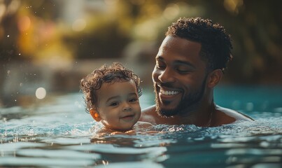 Smiling candid African American Black father and toddler son learning to swim in a swimming pool during vacation. Dad and child splashing in water. Fathers Day concept, Generative AI