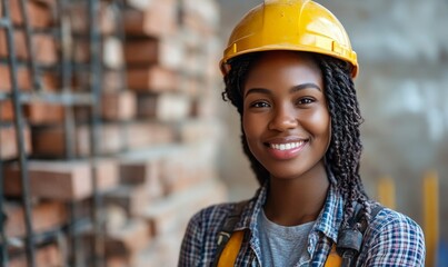 Happy Black African American female builder bricklayer. Professional portrait of a tradeswoman builder in an inclusive work environment, Generative AI