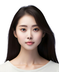 A captivating close-up of a serene Asian woman with long dark hair, radiating beauty and elegance against a transparent background, offering a fresh and modern aesthetic.