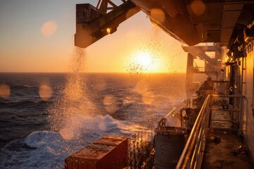 Serene Sunset Over Ocean with Splashes of Water from Ship Deck, Waves Rolling, and Glowing Horizon Creating a Picturesque Coastal Scene at Dusk