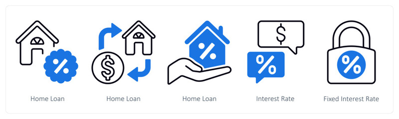 A set of 5 mix icons as home loan, interest rate, fixed interest rate