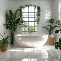 Interior design of a modern white bathroom with tiled marble flooring and greenery, Generative AI