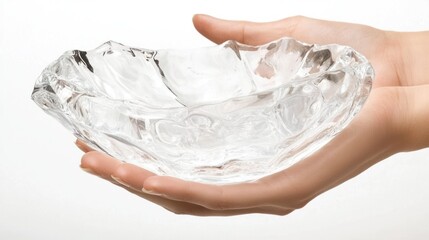 Delicate Hands Holding a Sculpted Clear Glass Bowl on White Background